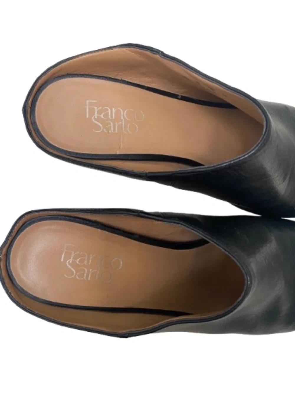 Franco Sarto Black Leather Peep Toe Block Heel Mules